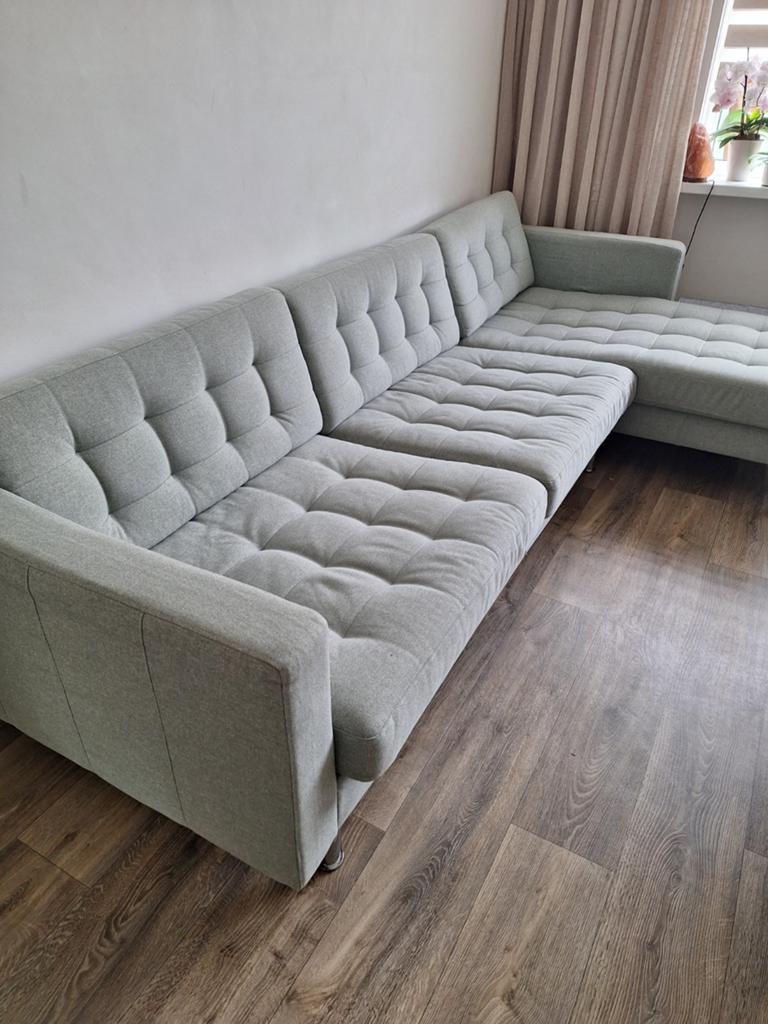 IKEA LANDSKRONA 4-zitsbank met chaise longue, lichtgroen, Ophalen, 250 tot 300 cm, 100 tot 125 cm, Zo goed als nieuw