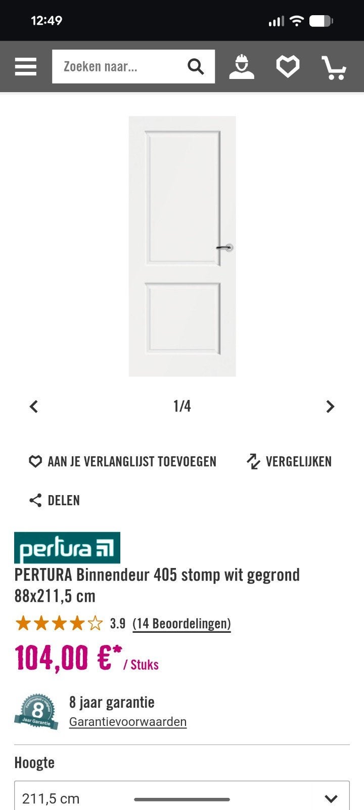 Pertura 405 Stompe Binnendeur 88x211,5 cm, Ophalen, Nieuw, Binnendeur, 200 tot 215 cm