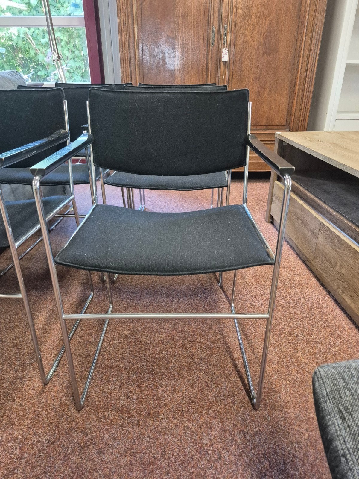 4 Vintage design eetkamer stoelen, Ophalen, Grijs, Stof, Vijf, Zes of meer stoelen