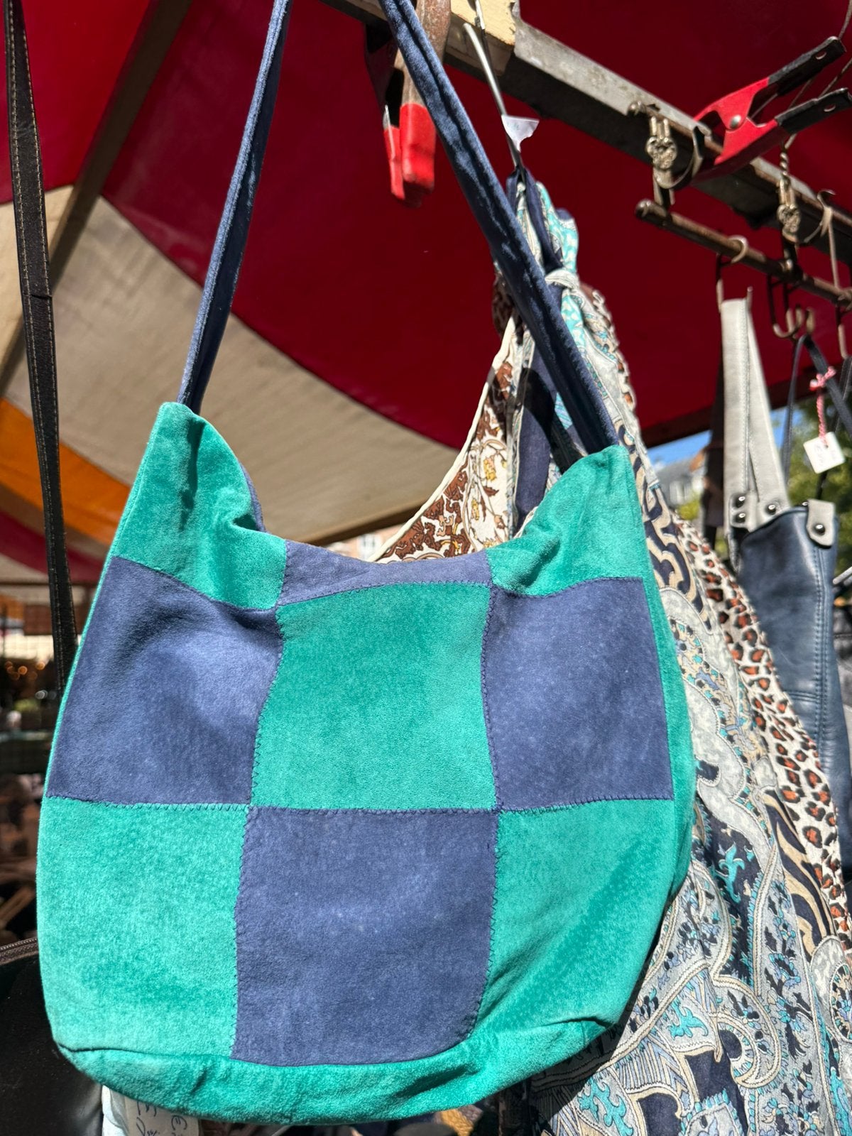 Vintage Suède Patchwork Schoudertas Groen / Blauw, Overige merken, Blauw, Ophalen of Verzenden, Zo goed als nieuw