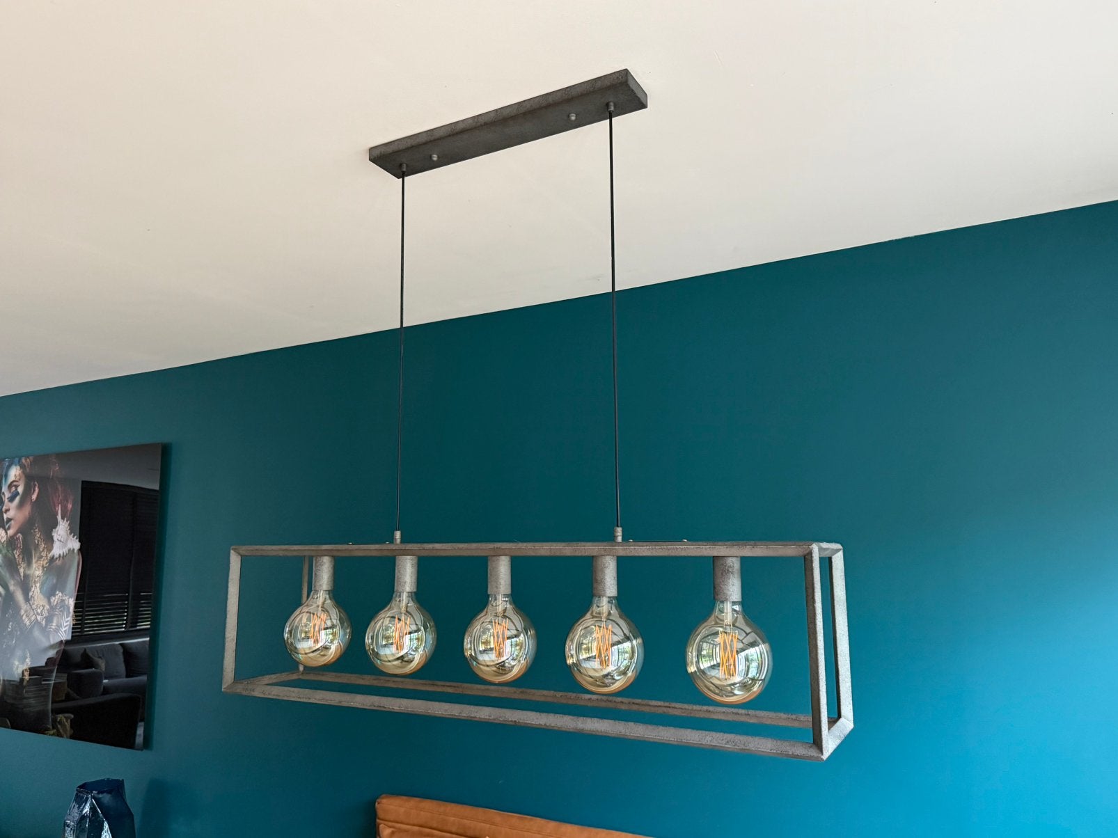 Industriële eettafellamp met 5 lampen, Huis en Inrichting, Lampen | Hanglampen, Ophalen, Gebruikt, Metaal