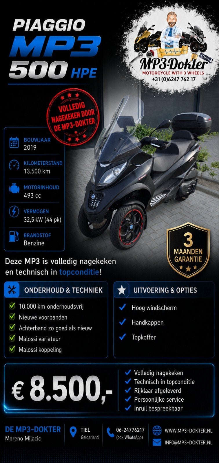 Piaggio MP3 500 HPE 2019 | 13.500 km | 3 mnd garantie, Ophalen, Zo goed als nieuw, Benzine, Overige modellen