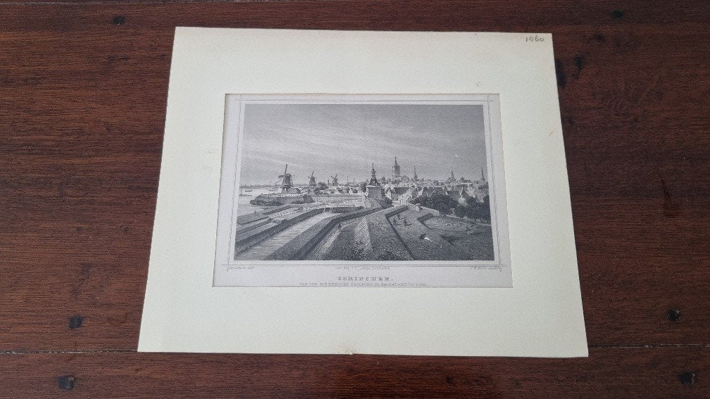 Antieke Gravure 'Gorinchen' (Gorinchem) - Stadsgezicht, Ophalen, 1800 - 1899, Met tekst, Stadsgezicht