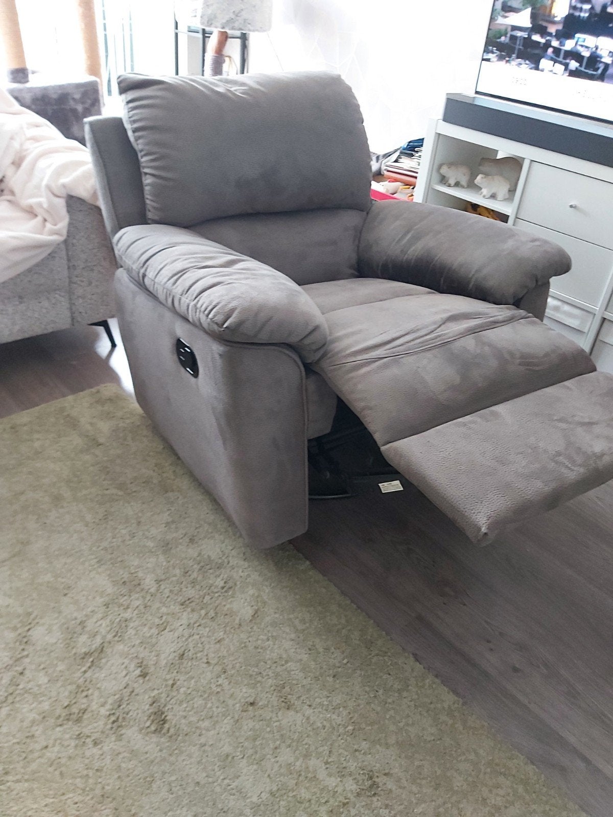 Grijze relaxfauteuil (handmatig), Ophalen, Gebruikt, 100 tot 125 cm, 75 tot 100 cm