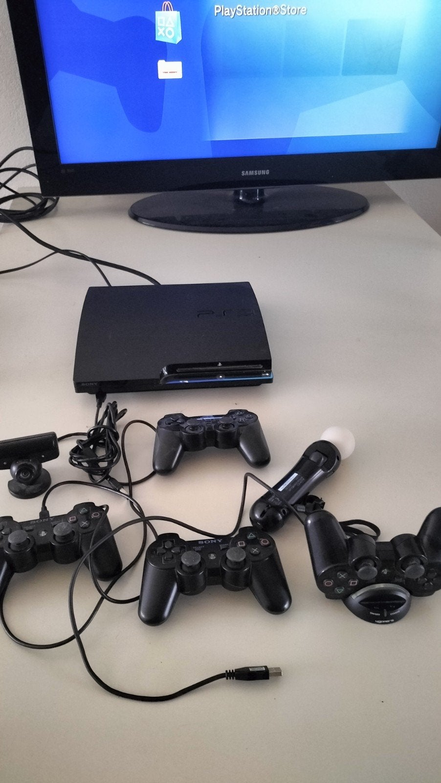 PlayStation 3 Slim met 3 controllers en accessoires, Gebruikt, Met 3 controllers of meer, Slim, Met harde schijf