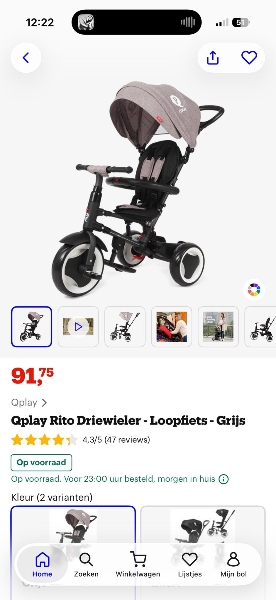 Qplay Rito Driewieler - Loopfiets met zonnekap, Ophalen, Gebruikt, Duwstang