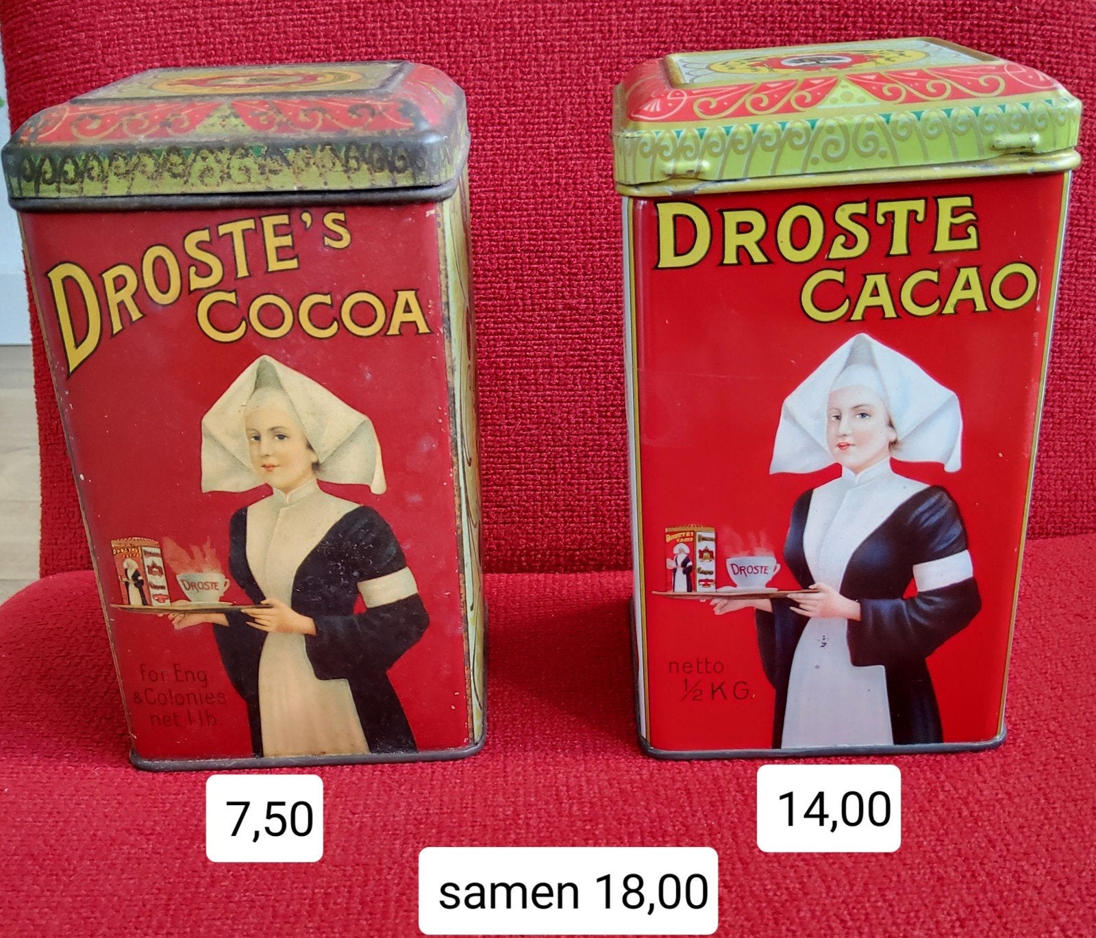 2 Vintage DROSTE Cacao Blikken 1/2 kg., Verzamelen, Ophalen of Verzenden, Gebruikt, Overige, Droste