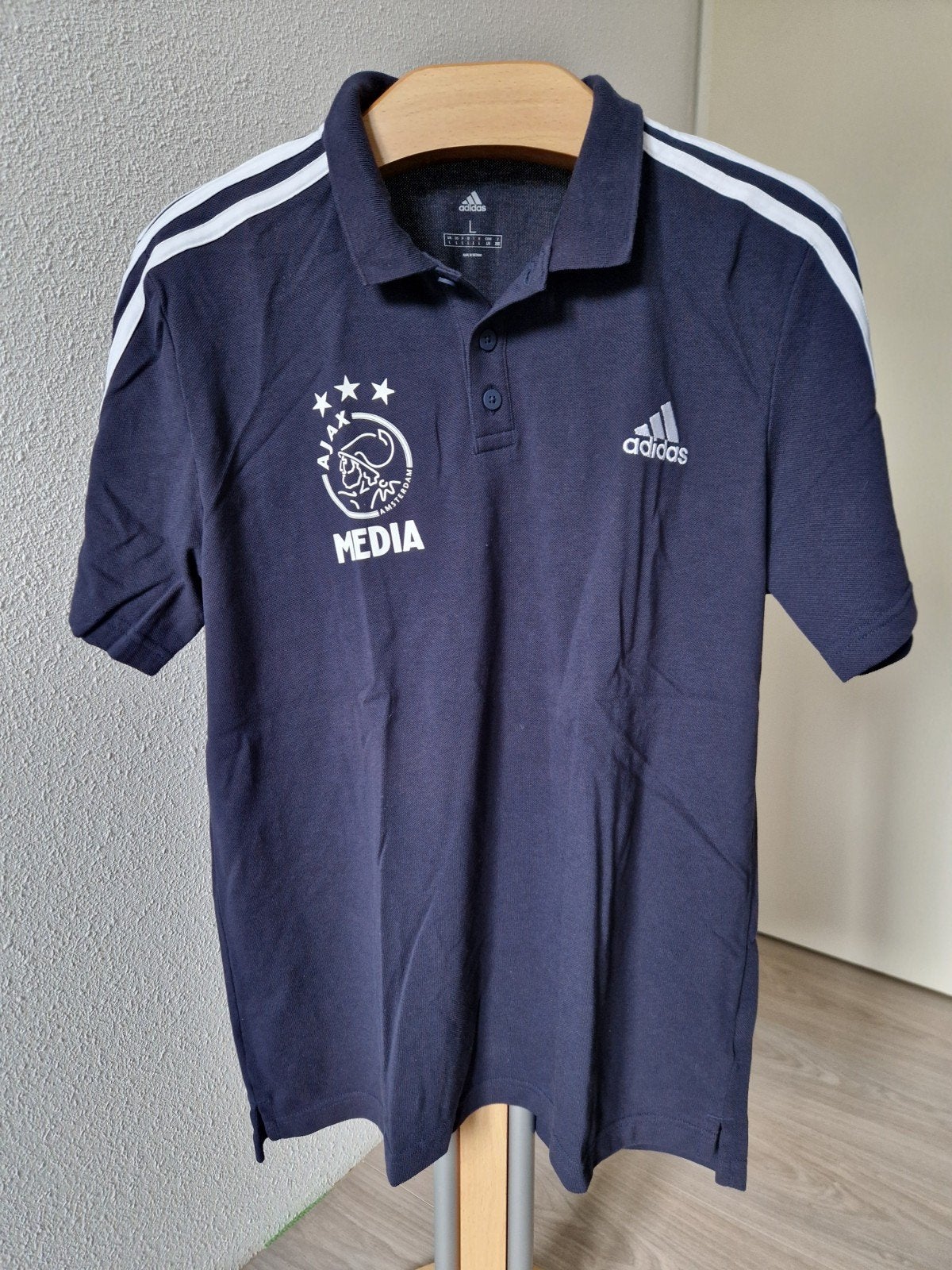 Zgan Adidas Ajax Media polo maat L (30% katoen), Ophalen of Verzenden, Zo goed als nieuw, Blauw