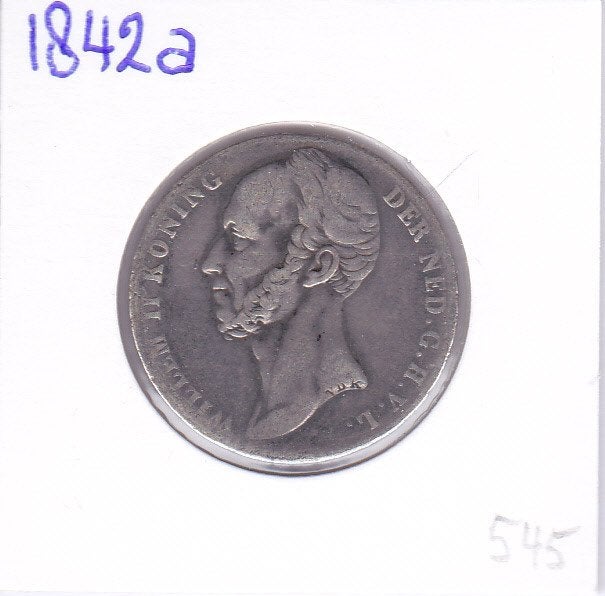 Zeldzame 1 gulden 1842 a (kort borstbeeld) voor 545 euro, 1 gulden, Zilver, Ophalen of Verzenden, Losse munt