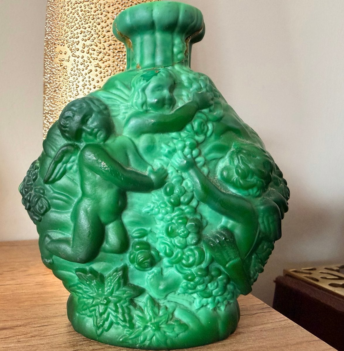 Boheemse Art Deco malachiet glazen fles, Ophalen of Verzenden