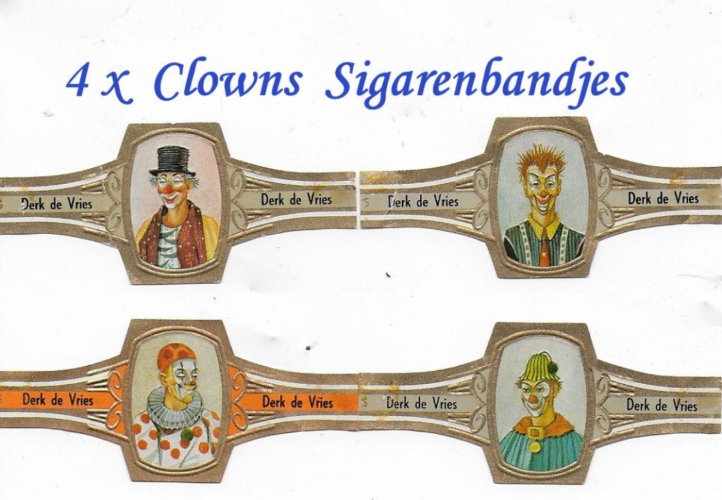 4 sigarenbandjes met clowns ( derk de vries ), Verzamelen, Rookartikelen, Aanstekers en Luciferdoosjes, Ophalen of Verzenden, Zo goed als nieuw