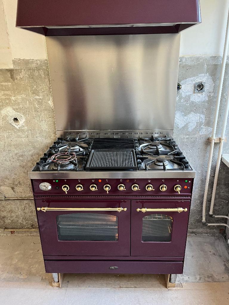 Boretti fornuis met afzuigkap, bordeauxrood, Ophalen, Gebruikt, 60 cm of meer, Gas