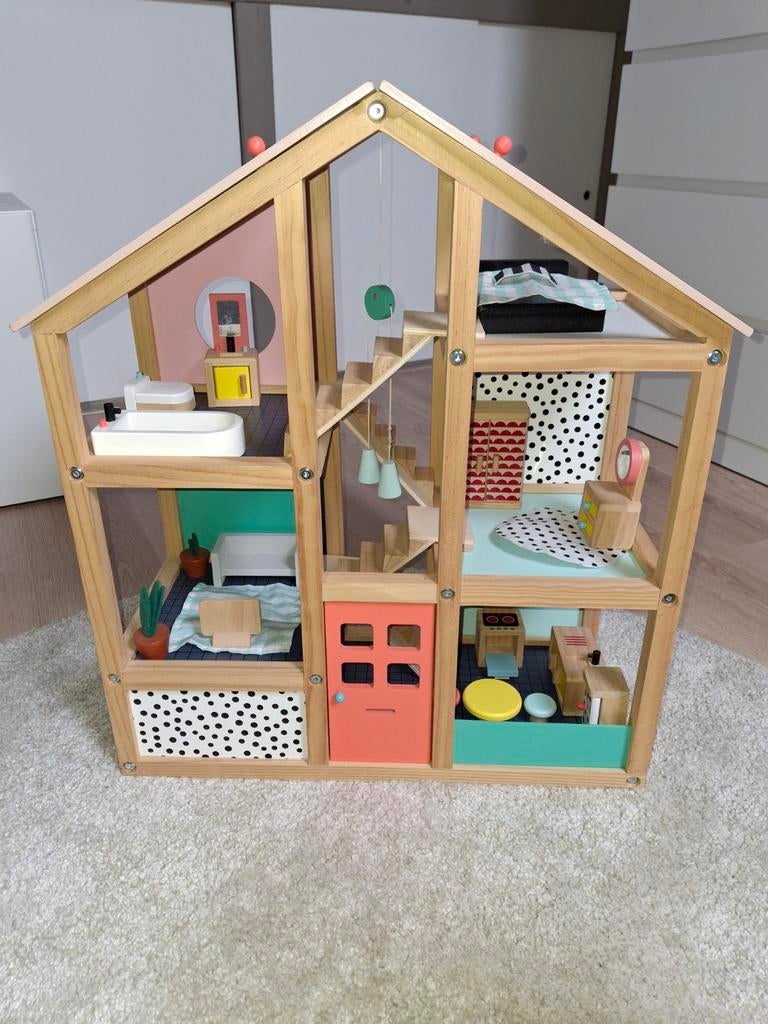 Houten poppenhuis HEMA met meubeltjes, Kinderen en Baby's, Speelgoed | Poppenhuizen, Ophalen, Zo goed als nieuw, Poppenhuis