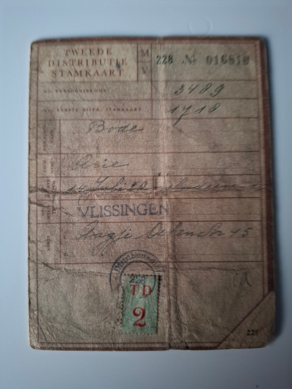 distributie stamkaart Vlissingen document wo2 bonkaart, Verzenden, Nederland