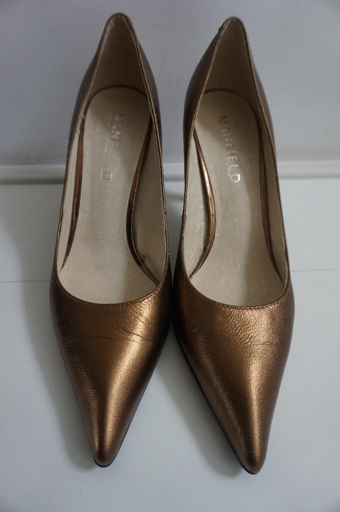 Manfield pumps stiletto hakken goud brons bruin leer maat 37, Pumps, Overige kleuren, Ophalen of Verzenden, Zo goed als nieuw