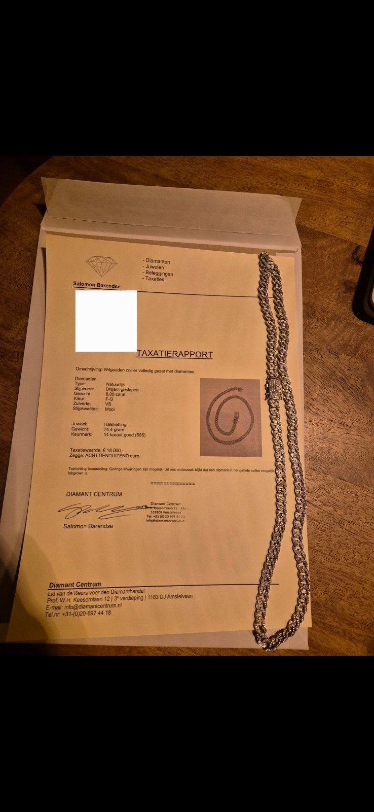 Natural Diamond Cuban Chain 8.00ct 585, Wit, Ophalen of Verzenden, Zo goed als nieuw, Met edelsteen