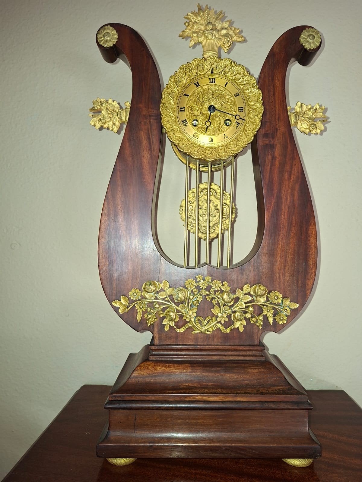 Antieke Lierklok - Mahoniehout met Bronzen Ornamenten, Ophalen of Verzenden