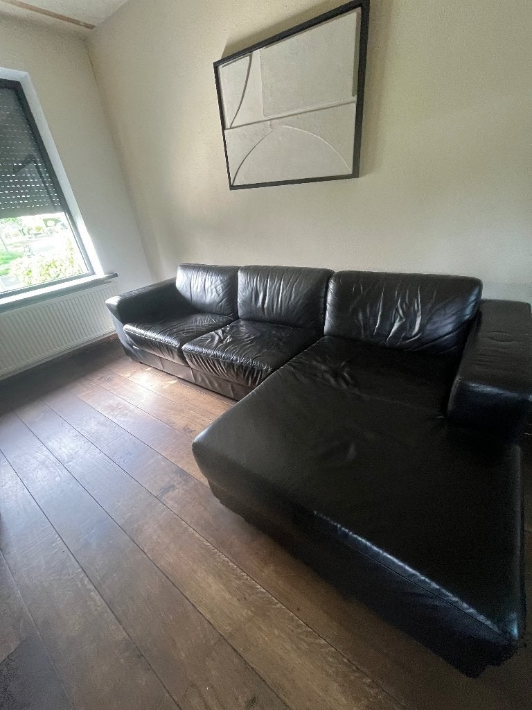 Zwarte lederen hoekbank gratis afhalen, Huis en Inrichting, Banken | Bankstellen, Ophalen, 250 tot 300 cm, Gebruikt, Minder dan 75 cm