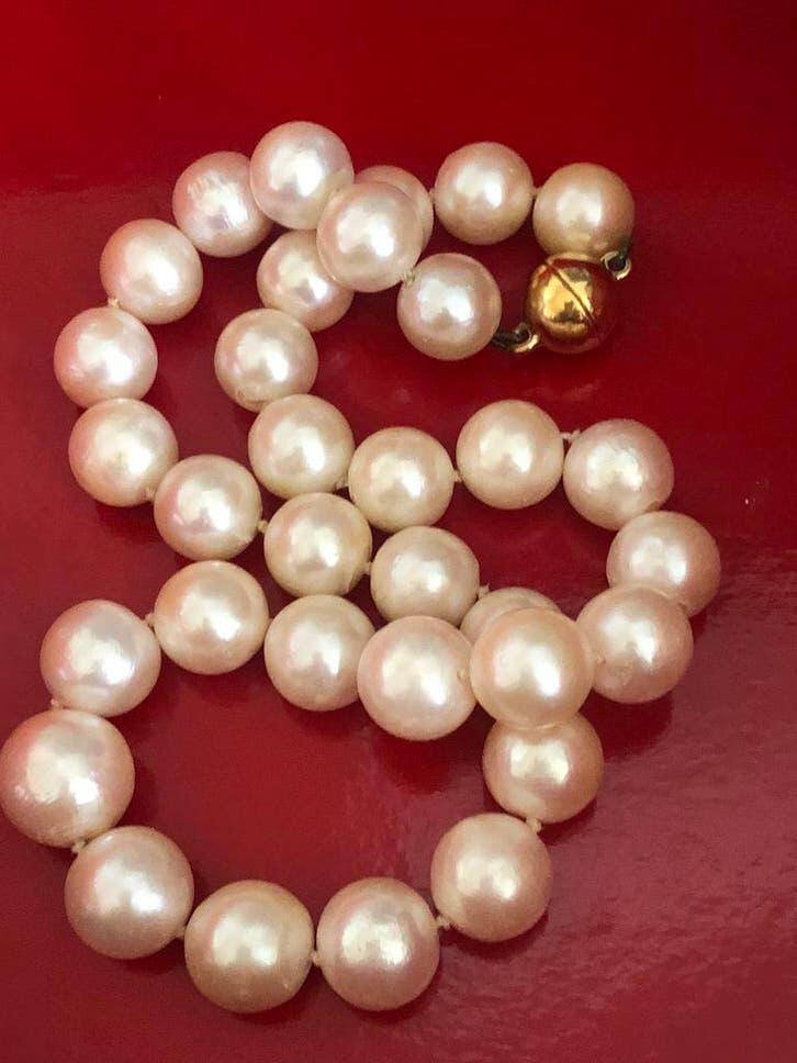 Akoya Parel Ketting Goud Slotje Gemerkt Langer Oostenrijk, Gebruikt, Wit, Ophalen of Verzenden, Met parel