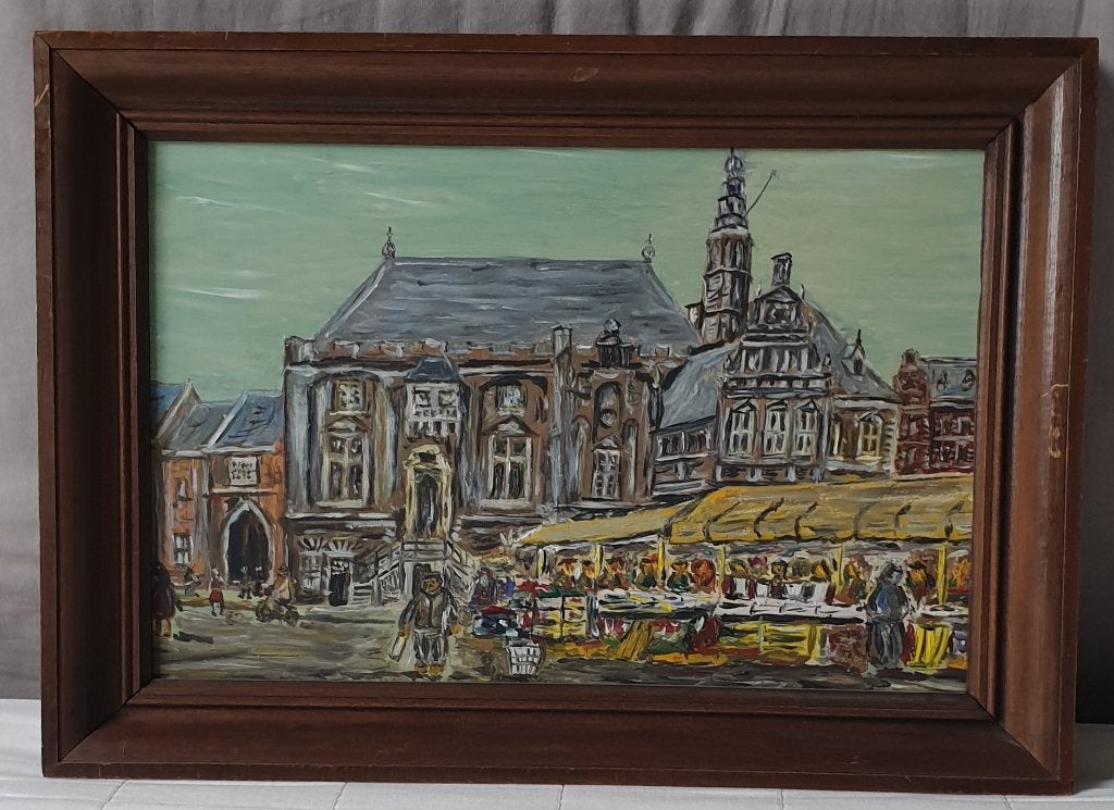 Stadhuis te Haarlem aan de grote markt., Paneel, Ophalen of Verzenden, Olieverf, Klassiek