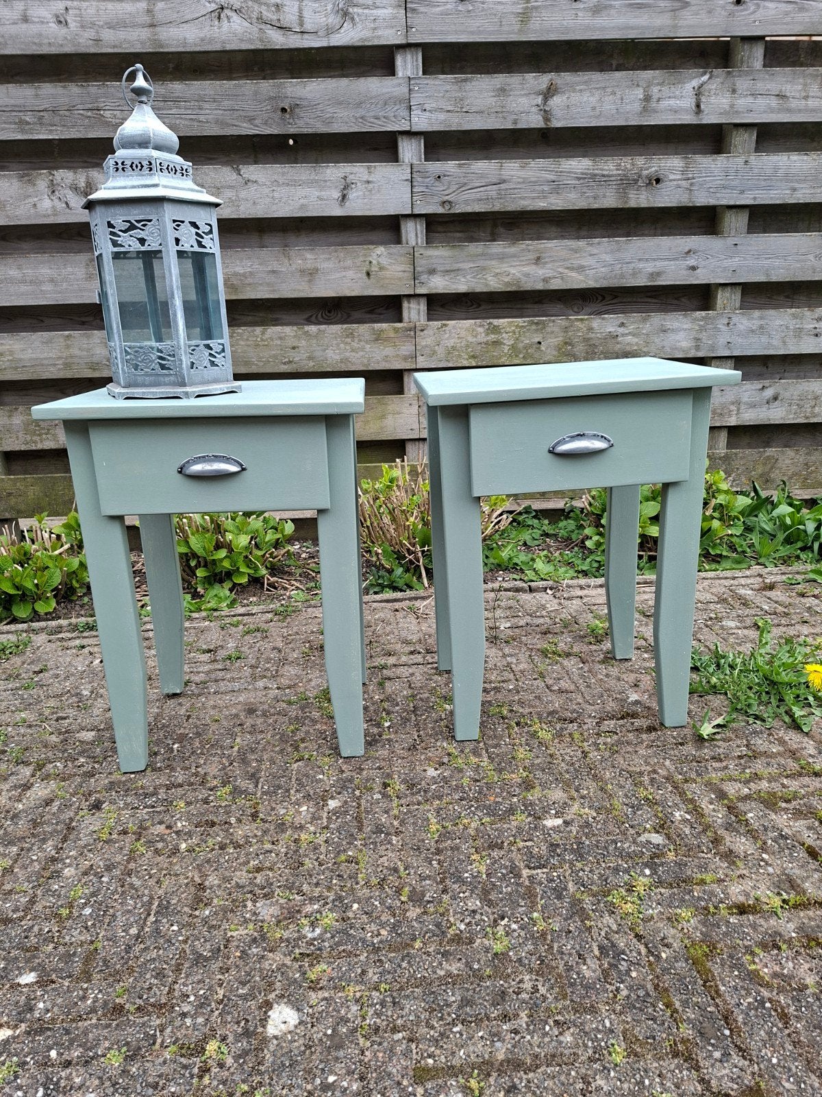 Set van 2 groene bijzettafels/nachtkastjes met lade, Ophalen of Verzenden, Gebruikt, Hout