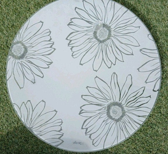Glazen dienblad/decoratie met bloemmotief, 40-50 cm, Huis en Inrichting, Rond, Ophalen of Verzenden, Met afbeelding/tekst, Glas
