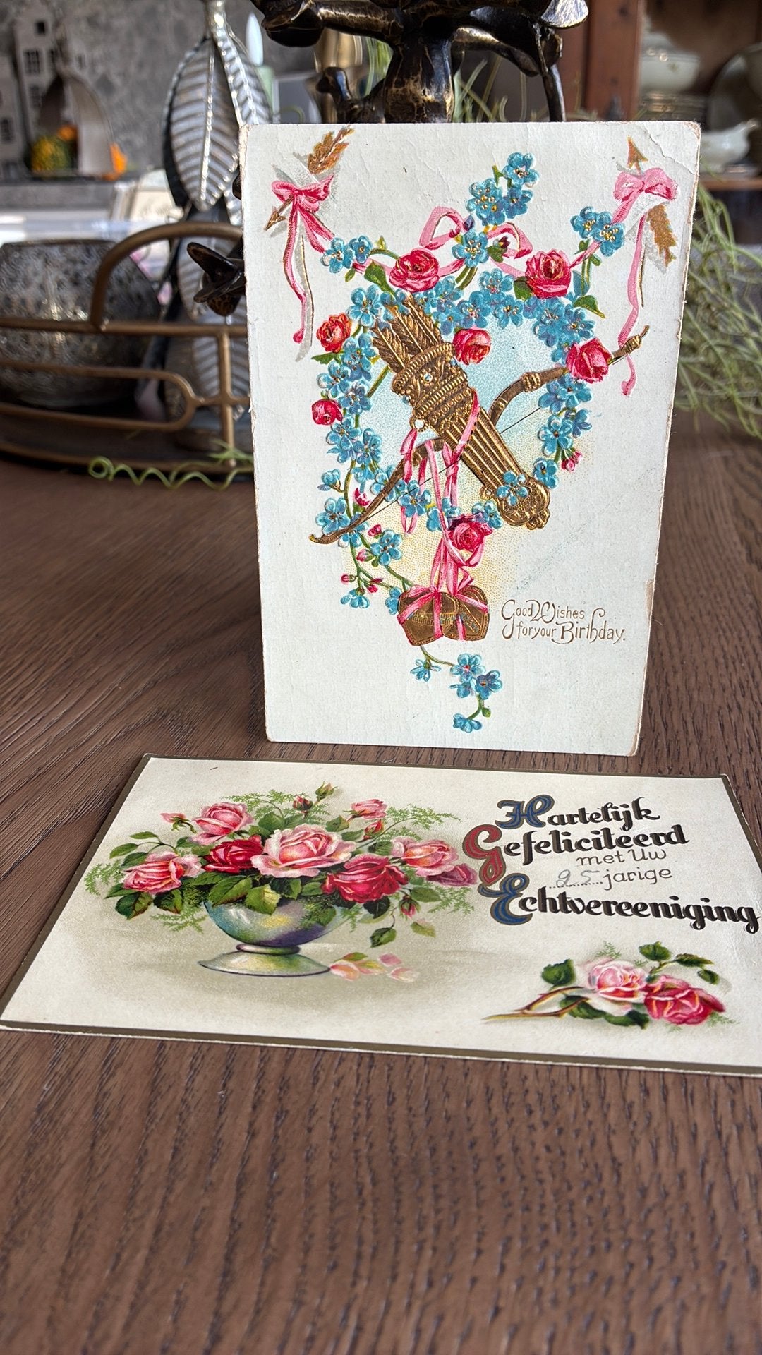 3x Felicitatie.Relief.goudopdruk pijl en boog,rozen/25 jaar, Ophalen of Verzenden, 1920 tot 1940, Gelopen