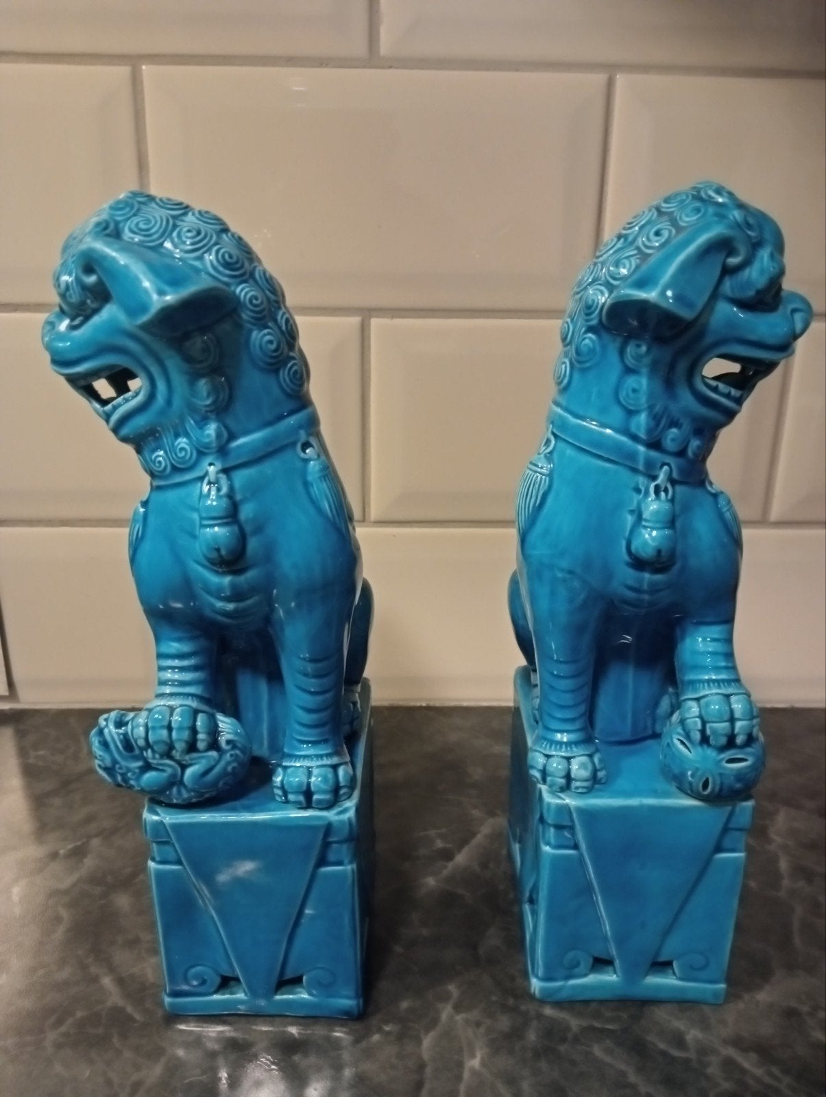 Set van 2 turquoise Chinese kleur Foo Dogs / Tempelleeuwen, Ophalen