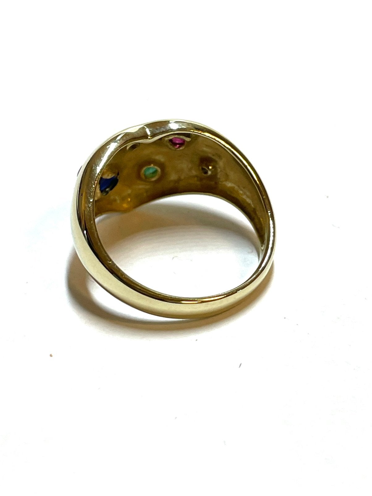 8k gouden ring met smaragd, robijn, saffier en zirkonia, -, -, Ophalen of Verzenden, Zo goed als nieuw
