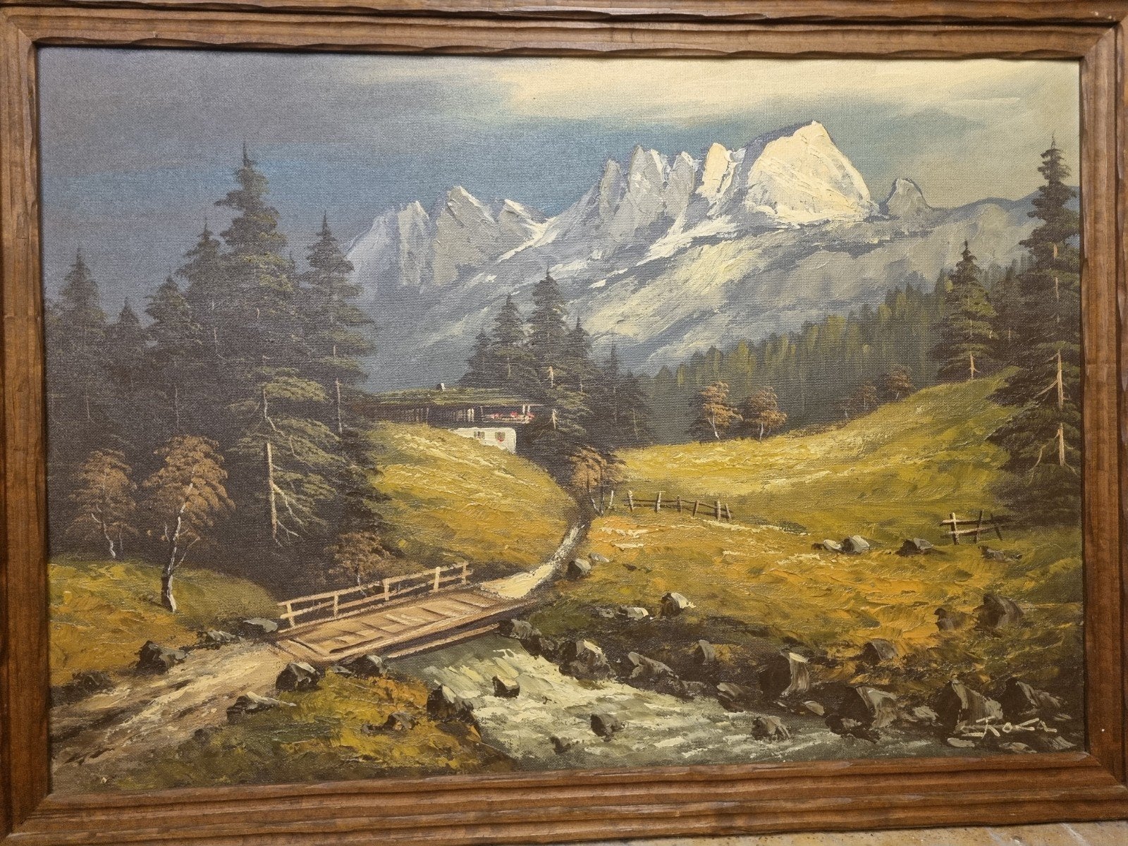 Schilderij berglandschap met Alpenhuisje en beek, Ophalen, Handgeschilderd, Doek, Realistisch