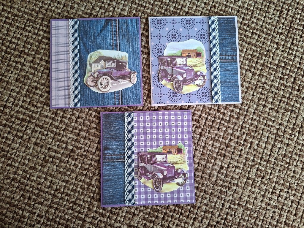 Zelfgemaakte kaarten lila-jeans auto, Verzenden, Nieuw, Overige thema's