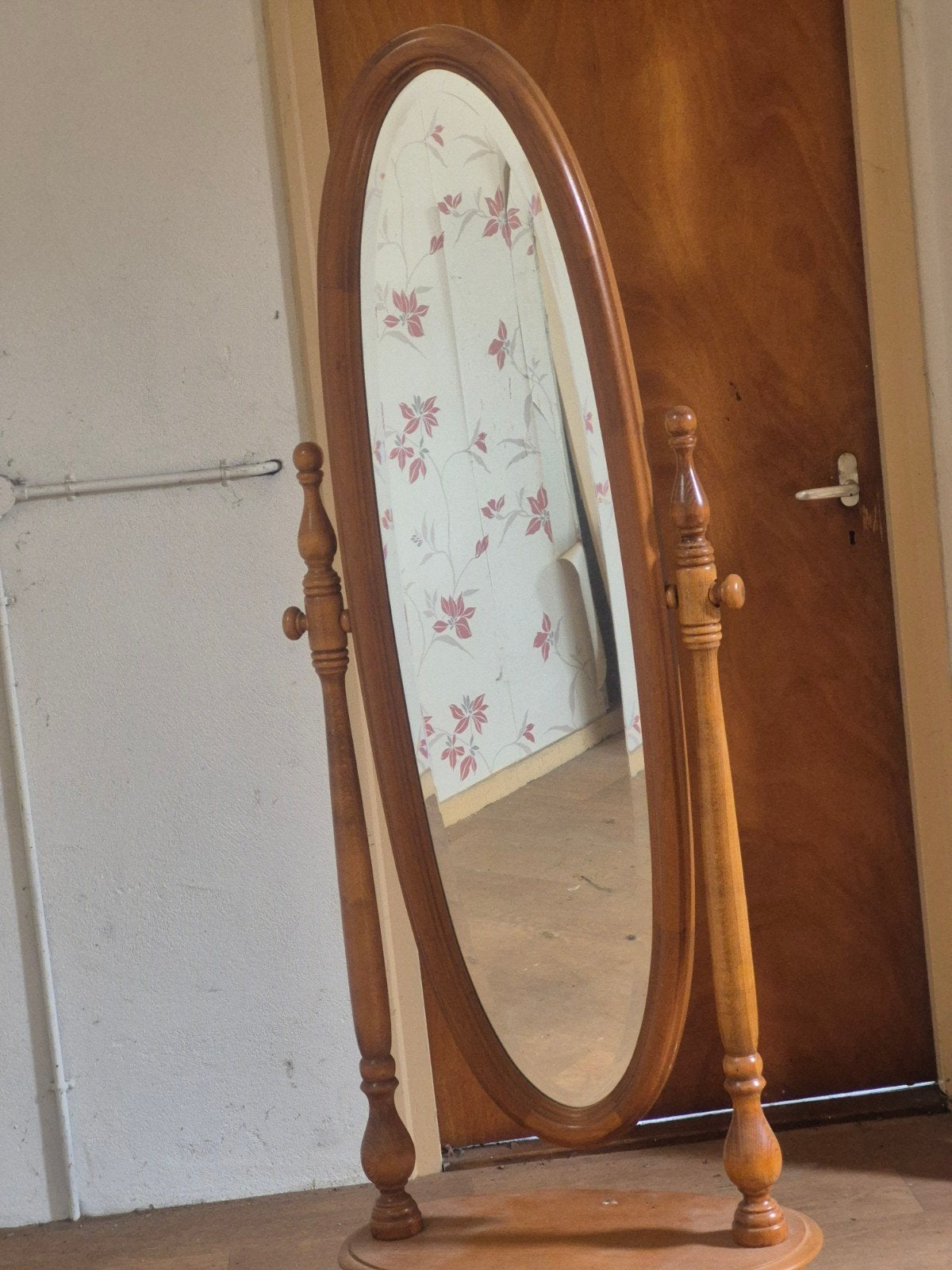 Houten passpiegel (Psyché) met lade – Ovale kante, Ophalen, Ovaal, 50 tot 100 cm, 150 tot 200 cm