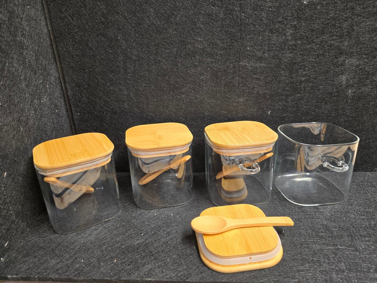Glazen Voorraadpotten met Bamboe Deksel en Lepel - 4 Stuks, Ophalen, Glas, Nieuw, Voorraadpot