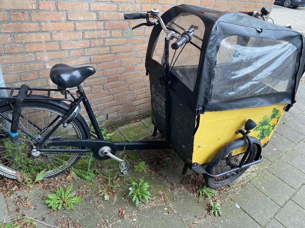 Bakfiets OPKNAPPER, Terugtraprem, Gebruikt, Huif, 2 kinderen