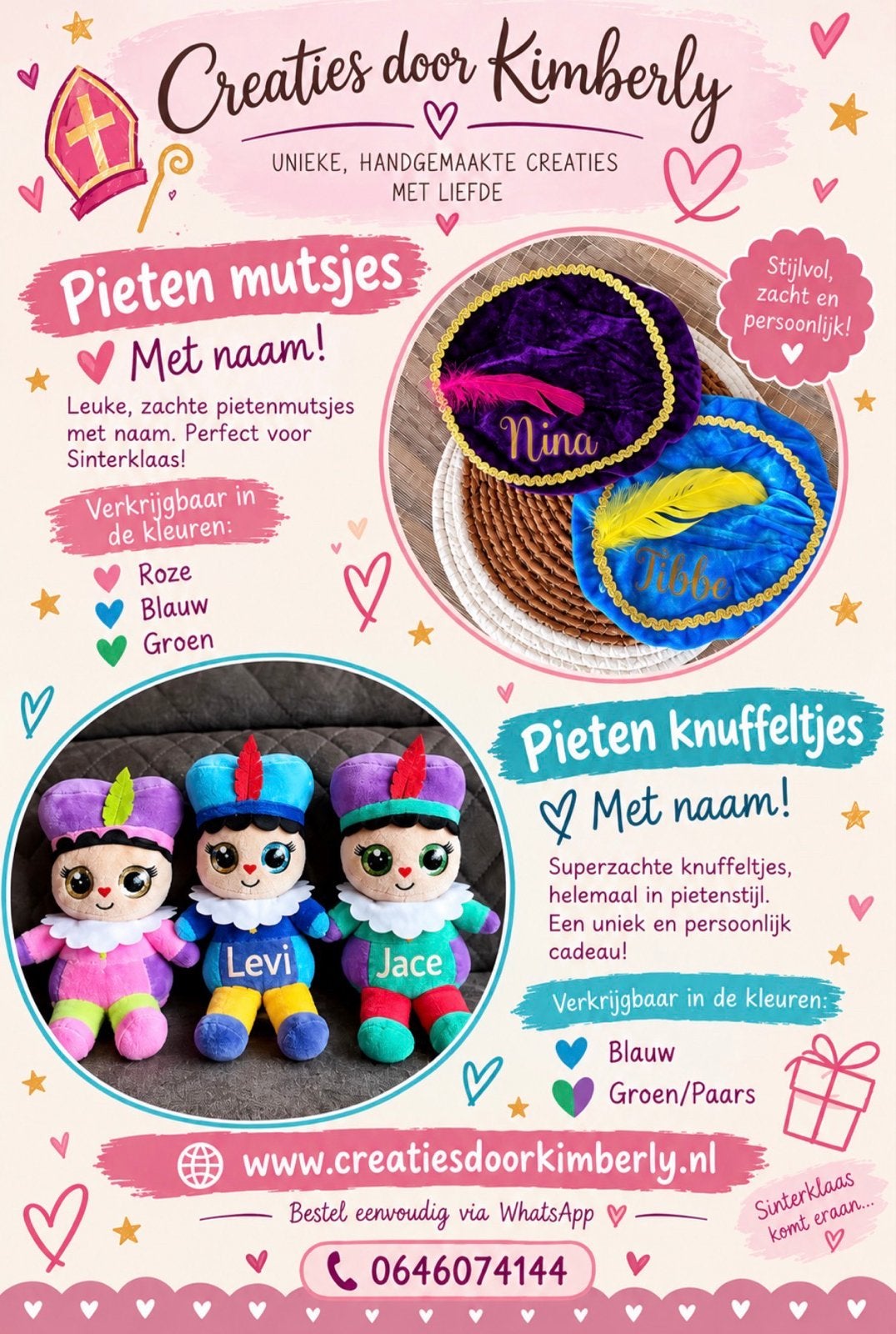 Pieten mutsje met naam, knuffel pietje met naam, Ophalen of Verzenden, Nieuw