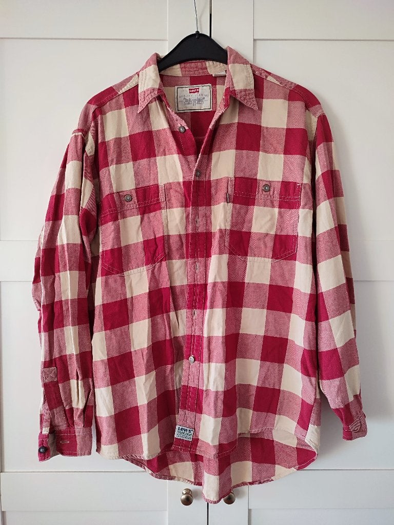 Vintage Levi's Flanellen Overhemd - Rood/Crème Ruit - Maat M, Levi's, Gedragen, Rood, Halswijdte 39/40 (M)