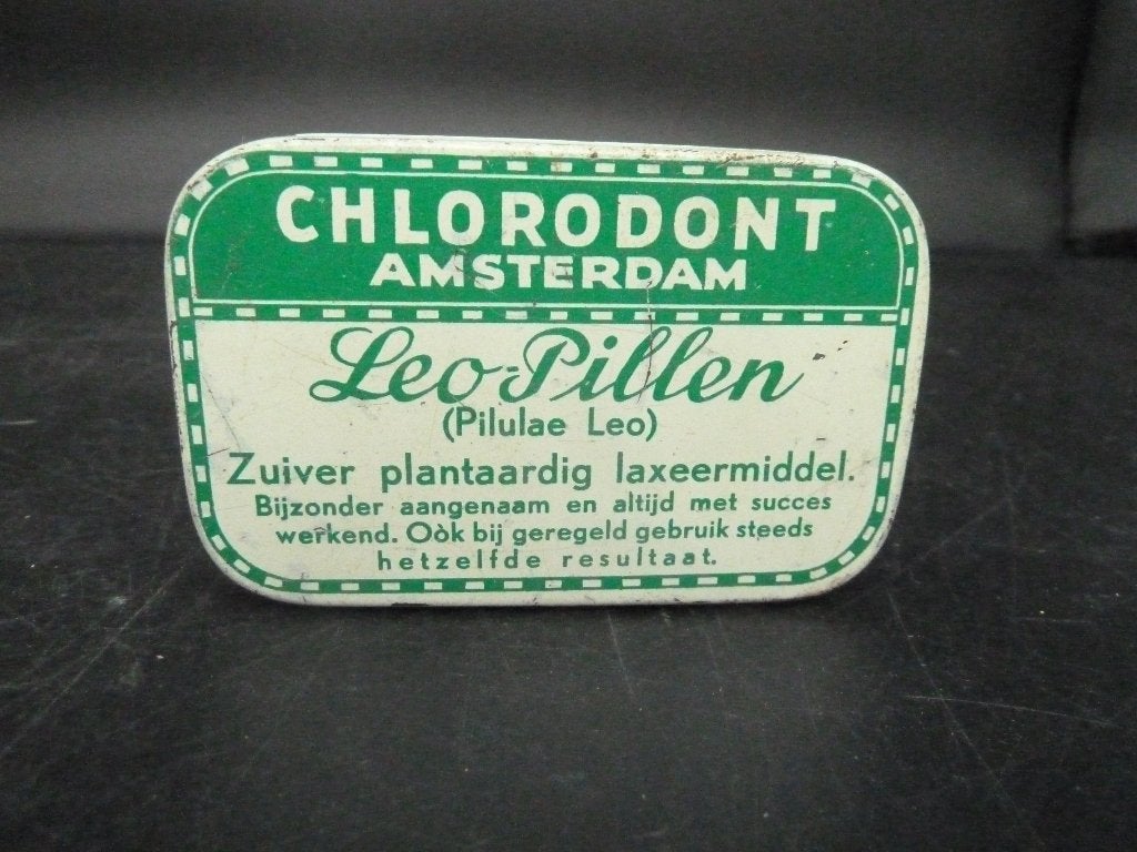 Vintage leeg blikje Leo pillen, Ophalen of Verzenden, Gebruikt, Overige