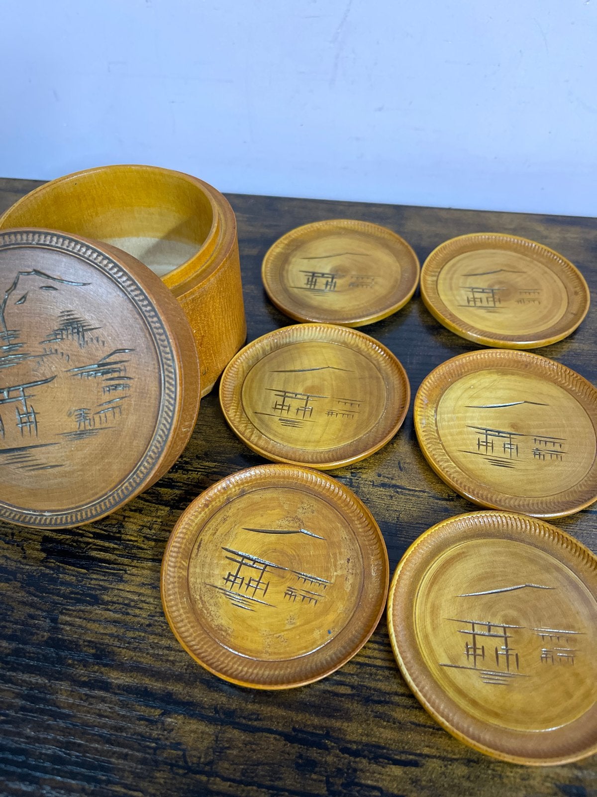 Vintage houten onderzetters met Japanse landschappen, Antiek en Kunst, Ophalen of Verzenden