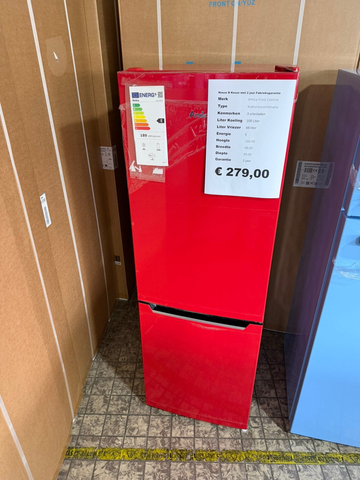 Rode koelvriescombinatie nieuw lo frost 48cm breedt, Amica, 200 liter of meer, Met aparte vriezer, Nieuw