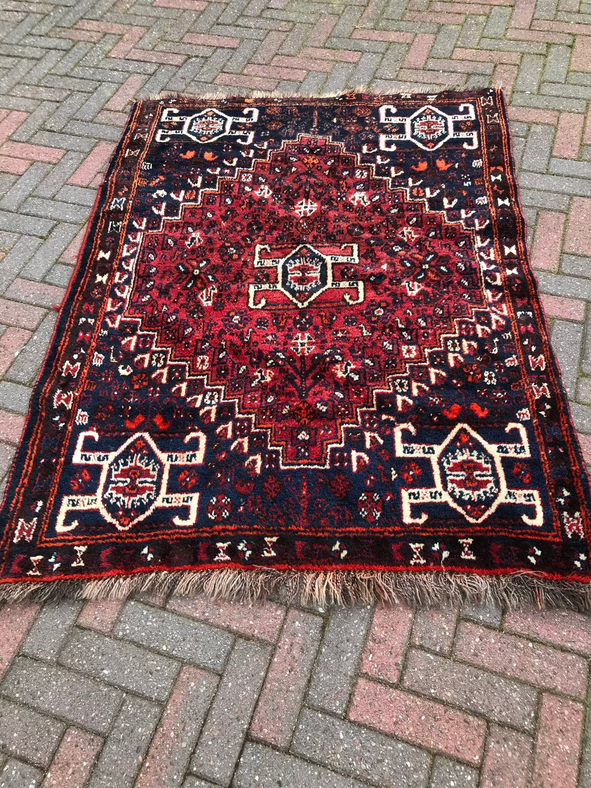 Vintage Perzisch tapijt, rood/blauw, handgeknoopt, Ophalen, Gebruikt, 100 tot 150 cm, 50 tot 100 cm