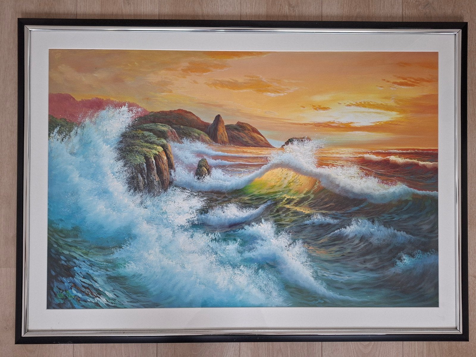 Schilderij van Kos, Griekenland - Golven aan de kust, Antiek en Kunst, Kunst | Schilderijen | Modern, Landschap, Op houten frame