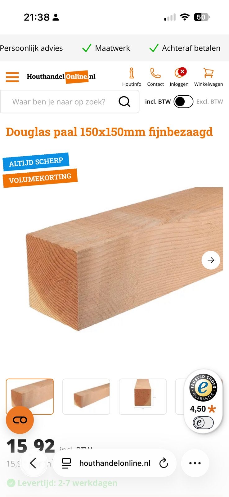 15 15 douglas balk 5 meter, Ophalen, 250 cm of meer, Balken