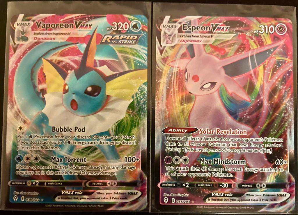 Vaporeon & Espeon Vmax Evolving Skies Pokémonkaarten, Hobby en Vrije tijd, Verzamelkaartspellen | Pokémon, Ophalen of Verzenden
