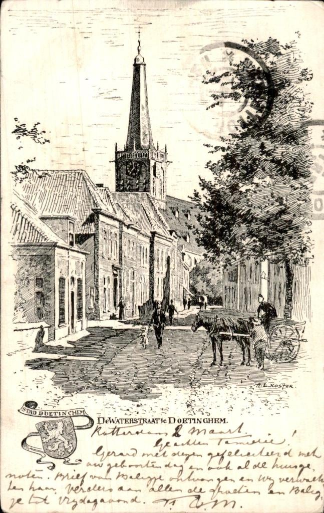 Doetinchem - De Waterstraat - Straatzicht met kerktoren, Ophalen of Verzenden, Voor 1920, Gelopen, Gelderland