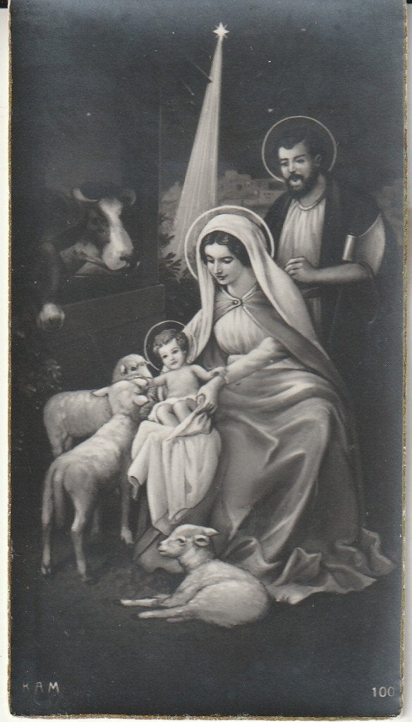 Klein Antieke Kerststal Prent - Heilige Familie en Lammeren, Ophalen of Verzenden, Gebruikt, Kaart of Prent, Christendom | Katholiek