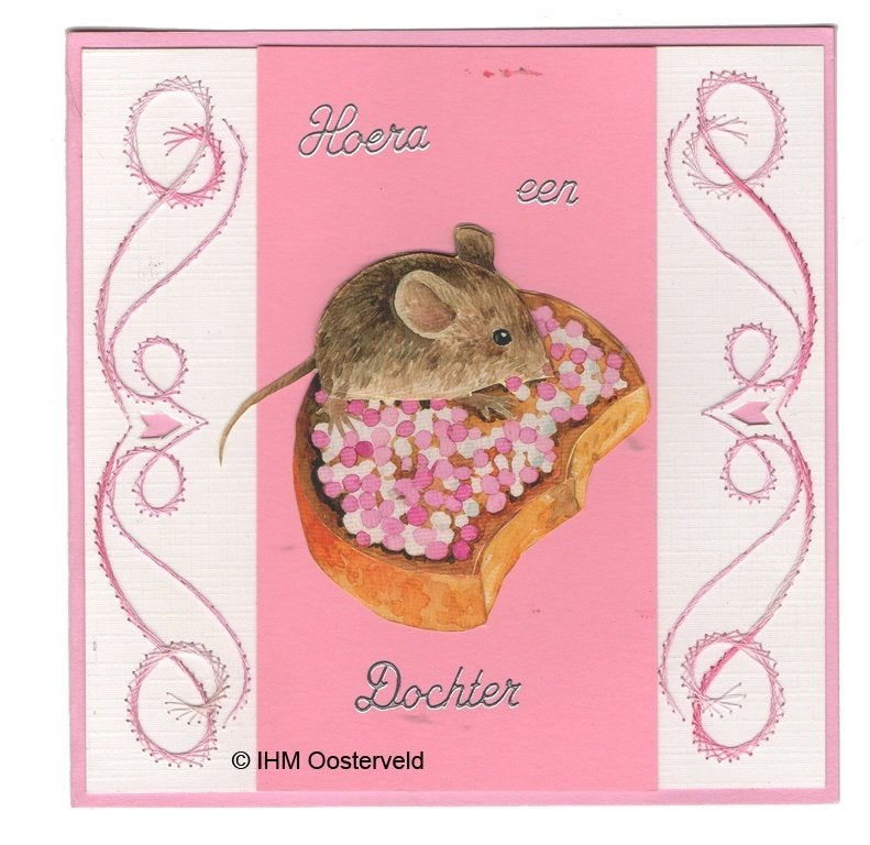 3D Kaart Geboorte 3  Beschuit met muisjes roze, Ophalen of Verzenden, Nieuw, Overige thema's