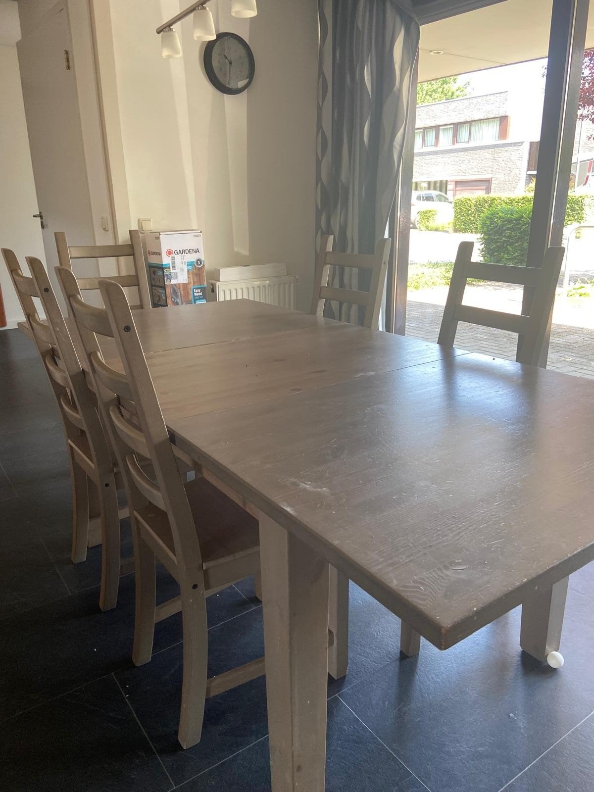 IKEA Uitschuifbare eettafel met 6 stoelen, Ophalen, Gebruikt, 50 tot 100 cm, Grenenhout