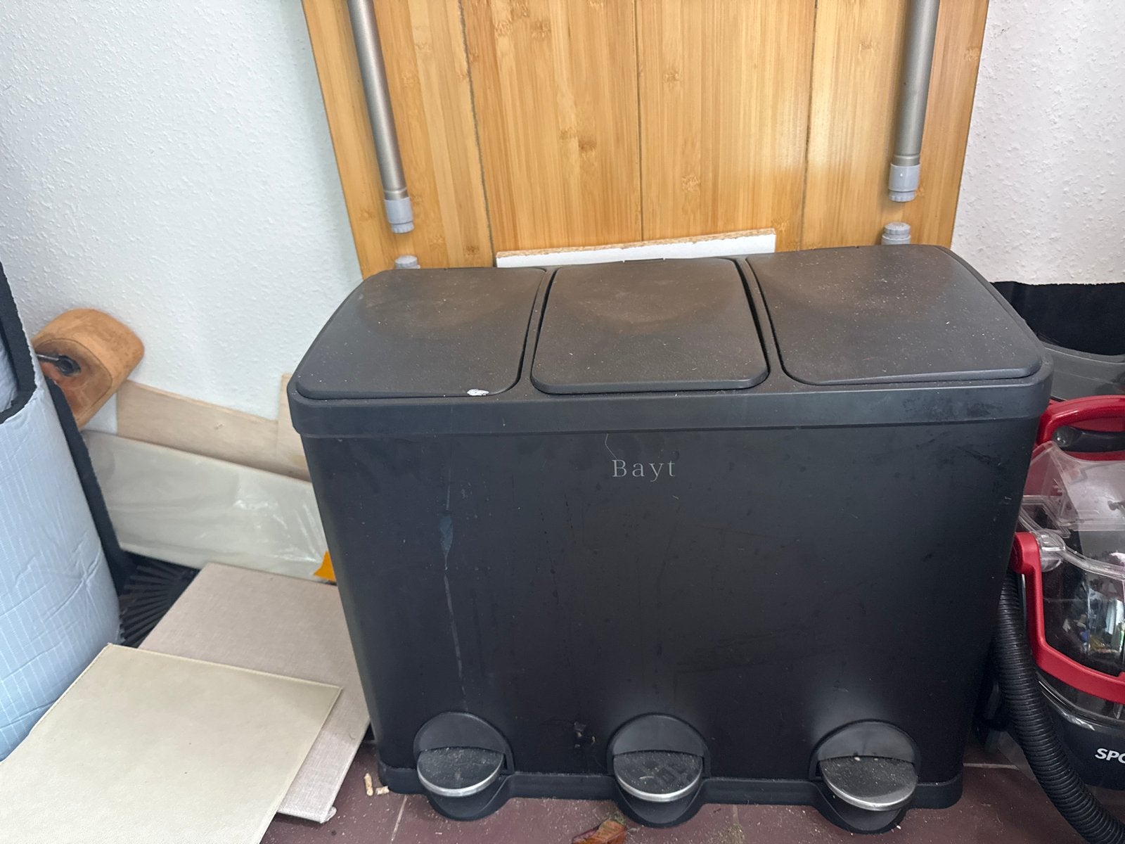 Bayt Afvalscheider met 3 vakken - Zwart, Huis en Inrichting, Ophalen, Gebruikt, Kunststof, Met pedaal