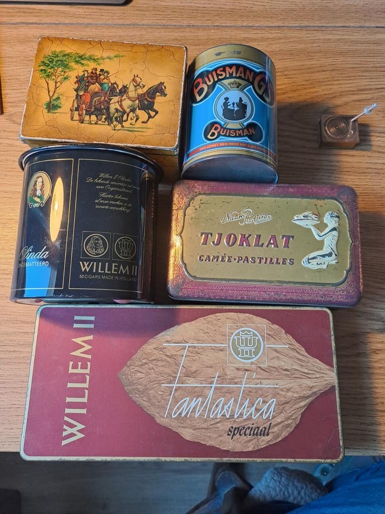 Vintage blikken: Buismans, Willem II, Tjoklat, Verzamelen, Blikken, Ophalen of Verzenden, Gebruikt, Overige, Overige merken