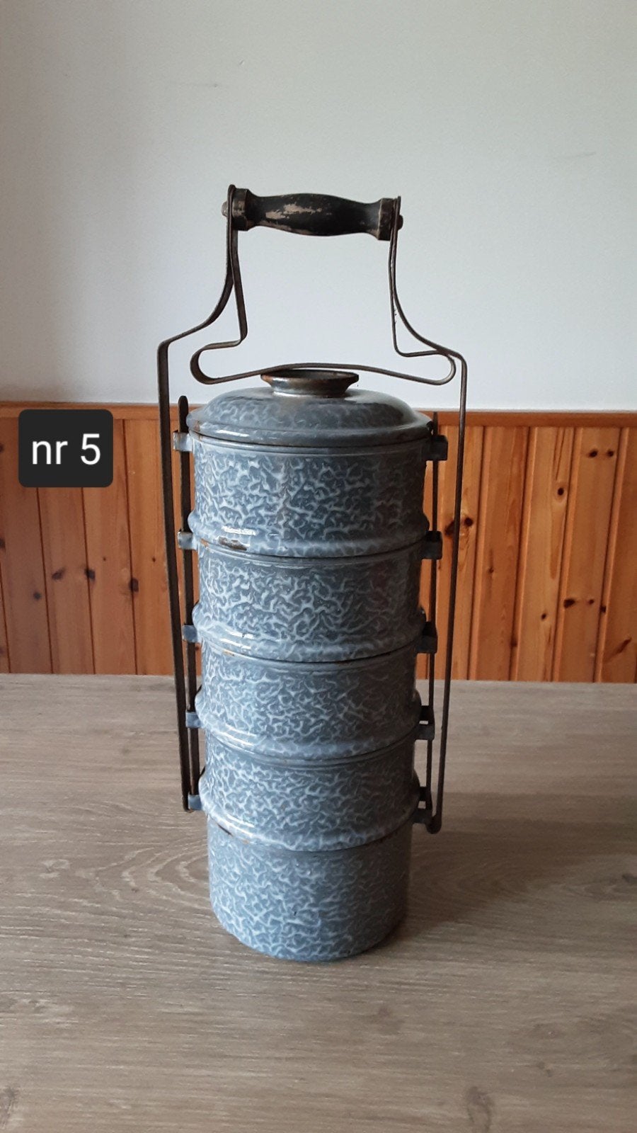 EMAILLE GRIJSGEWOLKTE 5 PANS RANTANG/ETENSDRAGER., Ophalen of Verzenden